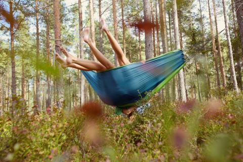 two friends swinging in a hammock in the wilderness