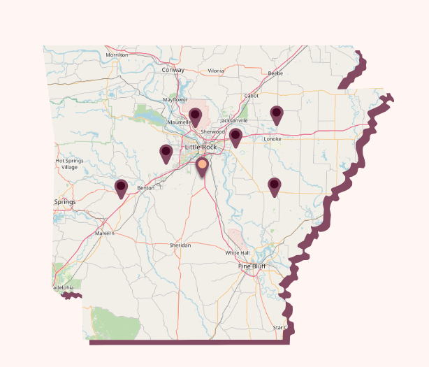 Map of Arkansas showing birth control centers