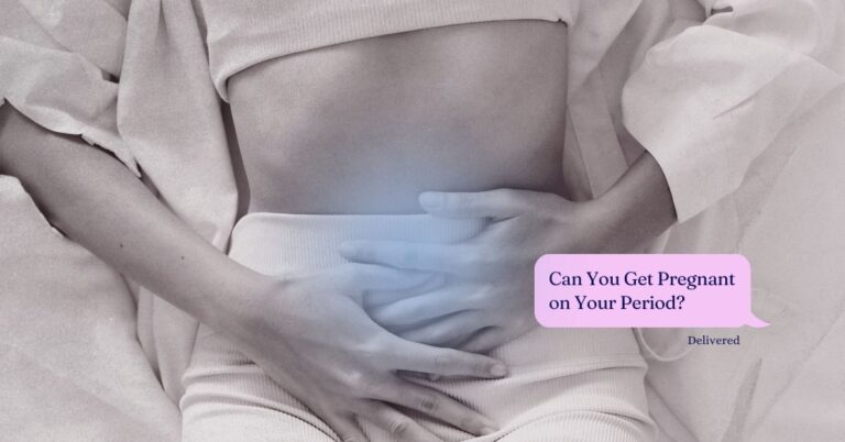 A person lying down holds their lower abdomen with both hands. A text bubble asks, "Can You Get Pregnant on Your Period?.