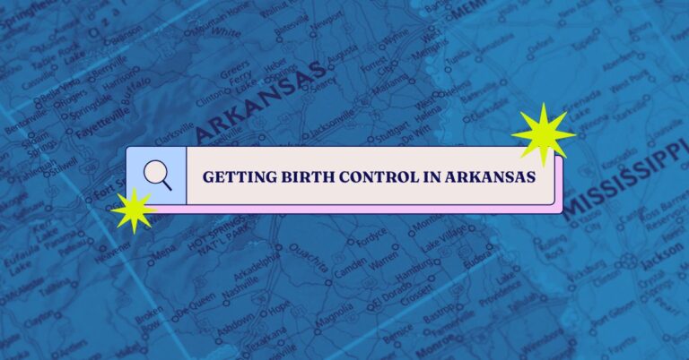 Graphic showing a blue-tinted map of Arkansas with the headline “Getting Birth Control in Arkansas” inside a search bar-style box, accented with bright yellow starburst graphics.