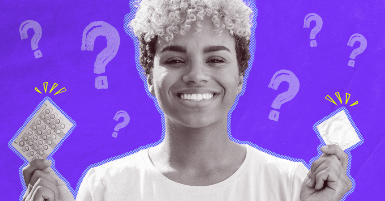 Person smiling while holding a pack of pills in one hand and a condom in the other, with question marks in the background against a bright pink backdrop.